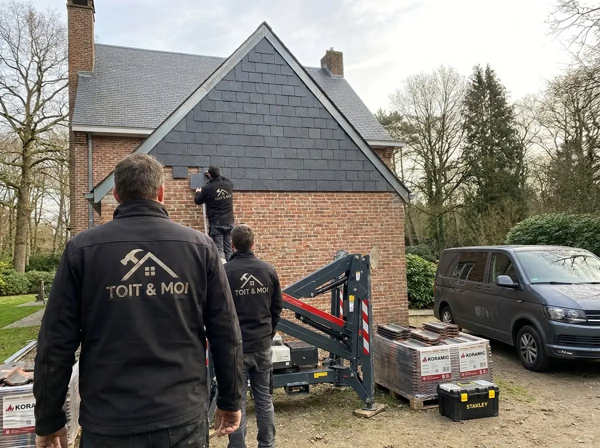 Couvreurs Toit & Moi posant des ardoises sur un pignon, nacelle et palettes de tuiles