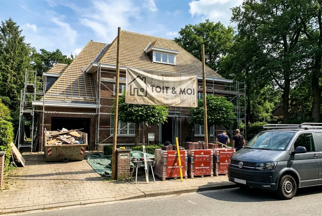 Chantier de rénovation Toit & Moi : échafaudage, conteneur, palettes de tuiles et bâche de l'entreprise