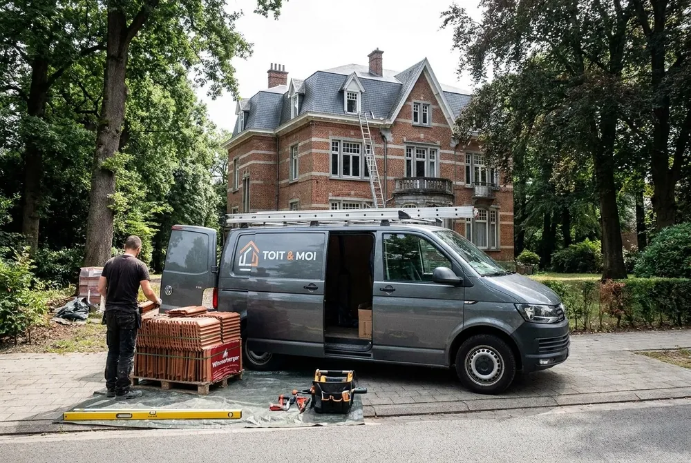 Camionnette Toit & Moi et palettes de tuiles devant une grande maison en briques